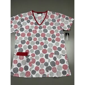 Cassandra O Women's Scrub Top Size X-Small White Top With Red Black Gray Circles